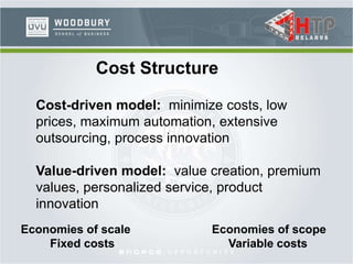 Cost Structure
Cost-driven model: minimize costs, low
prices, maximum automation, extensive
outsourcing, process innovation
Value-driven model: value creation, premium
values, personalized service, product
innovation
Economies of scale Economies of scope
Fixed costs Variable costs
 
