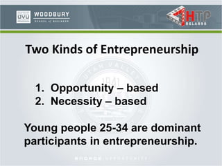 Two Kinds of Entrepreneurship
1. Opportunity – based
2. Necessity – based
Young people 25-34 are dominant
participants in entrepreneurship.
 