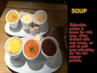 SOUP
Belarusian
cuisine is
known for rich
soup, often
dressed with
sour cream, as
well as cold
soup refreshing
for the hot
summer
periods.
 