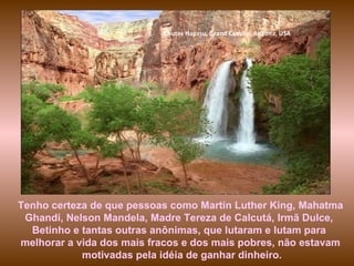 Tenho certeza de que pessoas como Martin Luther King, Mahatma Ghandi, Nelson Mandela, Madre Tereza de Calcutá, Irmã Dulce,  Betinho e tantas outras anônimas, que lutaram e lutam para  melhorar a vida dos mais fracos e dos mais pobres, não estavam motivadas pela idéia de ganhar dinheiro. Chutes Havasu, Grand Canyon, Arizona, USA 