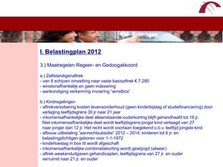WelkomI. Belastingplan 20123.) Maatregelen Regeer- en Gedoogakkoorda.) Zelfstandigenaftrek- van 8 schijven omzetting naar vaste basisaftrek € 7.280- winstonafhankelijk en geen indexering- aankondiging verkenning invoering “winstbox”b.) Kindregelingen- aftrekversobering kosten levensonderhoud (geen kinderbijslag of studiefinanciering) door    verlaging leeftijdsgrens 30 jr naar 21 jaar- inkomensafhankelijke deel alleenstaande-ouderkorting blijft gehandhaafd tot 16 jr.   Niet inkomensafhankelijke deel wordt leeftijdsgrens jongst kind verlaagd van 27            naar jonger dan 12 jr. Het recht wordt voortaan toegekend o.b.v. leeftijd jongste kind - afbouw uitbetaling “aanrechtsubsidie” 2012 – 2014, kinderen tot 6 jr. en   belastingplichtigen geboren voor 1-1-1972 - kindertoeslag in box III wordt afgeschaft- inkomensafhankelijke combinatiekorting wordt gewijzigd (alweer)- aftrek weekenduitgaven gehandicapten, leeftijdsgrens van 27 jr. en ouder   verruimd naar 21 jr. en ouder  