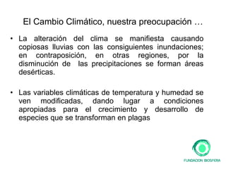 El Cambio Climático, nuestra preocupación … La alteración del clima se manifiesta causando copiosas lluvias con las consiguientes inundaciones; en contraposición, en otras regiones, por la disminución de  las precipitaciones se forman áreas desérticas. Las variables climáticas de temperatura y humedad se ven modificadas, dando lugar a condiciones apropiadas para el crecimiento y desarrollo de especies que se transforman en plagas  