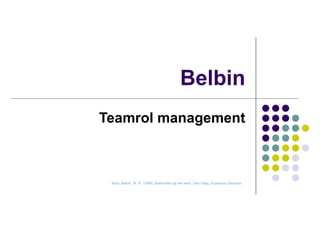 Belbin Teamrol management Bron: Belbin, M. R. (1998)  Teamrollen op het werk.  Den Haag, Academic Services   