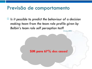 Previsão de comportamento Is it possible to predict the behaviour of a decision making team from the team role profile given by Belbin’s team  role self perception test ? [Krause, 2003] SIM para 67% dos casos! 