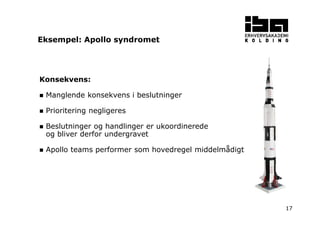 17 
Eksempel: Apollo syndromet 
Konsekvens: 
 Manglende konsekvens i beslutninger 
 Prioritering negligeres 
 Beslutninger og handlinger er ukoordinerede 
og bliver derfor undergravet 
 Apollo teams performer som hovedregel middelmådigt 
 