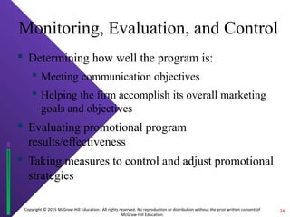 Copyright © 2015 McGraw-Hill Education. All rights reserved. No reproduction or distribution without the prior written consent of
McGraw-Hill Education.
Monitoring, Evaluation, and Control
 Determining how well the program is:
 Meeting communication objectives
 Helping the firm accomplish its overall marketing
goals and objectives
 Evaluating promotional program
results/effectiveness
 Taking measures to control and adjust promotional
strategies
24
 