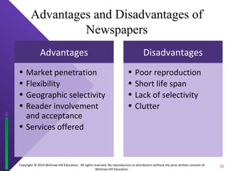Advantages and Disadvantages of 
Newspapers 
Copyright © 2014 McGraw-Hill Education. All rights reserved. No reproduction or distribution without the prior written consent of 
McGraw-Hill Education. 
Advantages 
• Market penetration 
• Flexibility 
• Geographic selectivity 
• Reader involvement 
and acceptance 
• Services offered 
Disadvantages 
• Poor reproduction 
• Short life span 
• Lack of selectivity 
• Clutter 
11 
 