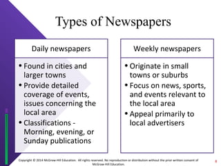 Types of Newspapers 
Copyright © 2014 McGraw-Hill Education. All rights reserved. No reproduction or distribution without the prior written consent of 
McGraw-Hill Education. 
Daily newspapers 
• Found in cities and 
larger towns 
• Provide detailed 
coverage of events, 
issues concerning the 
local area 
• Classifications - 
Morning, evening, or 
Sunday publications 
Weekly newspapers 
• Originate in small 
towns or suburbs 
• Focus on news, sports, 
and events relevant to 
the local area 
• Appeal primarily to 
local advertisers 
8 
 