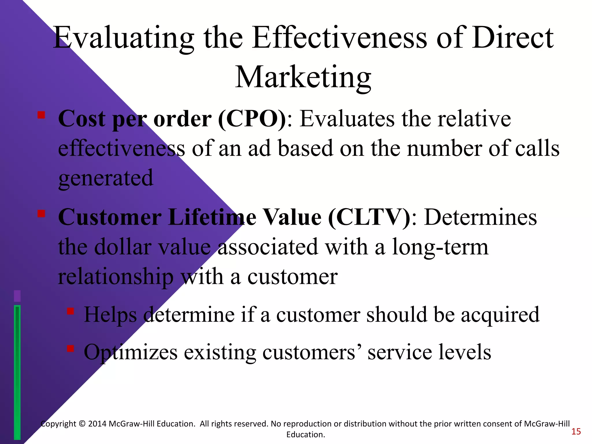 Copyright © 2014 McGraw-Hill Education. All rights reserved. No reproduction or distribution without the prior written consent of McGraw-Hill
Education.
Evaluating the Effectiveness of Direct
Marketing
 Cost per order (CPO): Evaluates the relative
effectiveness of an ad based on the number of calls
generated
 Customer Lifetime Value (CLTV): Determines
the dollar value associated with a long-term
relationship with a customer
 Helps determine if a customer should be acquired
 Optimizes existing customers’ service levels
15
 