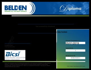 has successfully completed
Note: This attestation does not authorize the technician or the technicians company, to i) offer Certified
Systems, ii) perform maintenance or MAC activities on existing Certified Systems unless directly
supervised by a Certified PartnerAlliance Installer, or iii) represent themselves in any way as a Belden
Certified PartnerAlliance Installer.
Louisa Chen
Training Specialist
Course Completed on:
Total CECS:
BICSI Event ID:
© 2017 Belden Credit Diploma_BICSI version
Brandon Jonseck, MBA
OM5 and the Future of Multi-mode Fiber in Data Centers
05/01/2019
1
OV-BELD-IN-0317-1
 