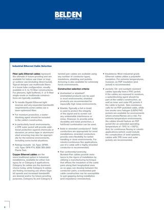 Industrial Ethernet Cable Selection


    Fiber optic Ethernet cables represent         twisted pair cables are available using      • Insulations: Most industrial-grade
    the ultimate in future-proofing and are       any number of conductor types,                 Ethernet cables utilize a polyolefin
    available for indoor use (riser or tray)      insulations, shielding and jackets .           insulation . For extreme temperatures,
    or outdoor use (including direct burial) .    Armoring is also available for extremely       however, an FEP insulation (and
    Typical designs use multimode fibers          harsh environments .                           jacket) is recommended .
    in a loose tube configuration, usually
                                                  Construction selection criteria:             • Jackets: Oil- and sunlight-resistant
    available in 2- to 72-fiber constructions .
                                                                                                 cables typically have a PVC jacket .
    For plenums, tight buffered, 2- or 6-fiber    • Unshielded or shielded?
                                                                                                 If the cables are exposed to moisture,
    single-mode or multimode construc-              Unshielded products can be used
                                                                                                 a waterblocking agent should be
    tions are typically available .                 in most environments; shielded
                                                                                                 part of the cable’s construction, as
                                                    products are recommended for
    • To handle Gigabit Ethernet light                                                           well as inner and outer PE jackets if
                                                    especially high noise environments .
      sources and any expanded bandwidth                                                         the cable is buried . Gas-resistance
      requirements some cables use a              • Shields: Typically a foil or braid           calls for an FEP-jacketed cable, while
      laser-optimized fiber .                       is used to protect the integrity             low smoke zero halogen (LSZH) PVC
                                                    of the signal and to screen out              jackets are available for environments
    • For moisture protection, a water-
                                                    any undesirable interference or              where smoke/flames are a risk . For
      blocking agent should be included
                                                    noise . However, to provide extra            extreme temperature environments,
      in the cable’s construction .
                                                    durability and noise protection, a           the cables should feature an FEP
    • In particularly harsh environments,           foil/braid combination can be used .         jacket (for an extended operating
      a CPE outer jacket will provide addi-                                                      temperature of -70ºC to +150ºC) .
                                                  • Solid or stranded conductors? Solid          And, for continuous flexing or robotic
      tional protection against chemicals or
                                                    conductors are appropriate for most          applications (which could include
      abrasion; an armor tape or aluminum/
                                                    installations; stranded conductors           the complication of weld splatter),
      steel armoring may also be appropri-
                                                    provide extra flexibility for better         cables with TPE inner and outer
      ate for the extreme environments,
                                                    handling in close environments . For         jackets are recommended .
      including some burial situations .
                                                    robotic/continuous flex applications,
    • Ratings include: UL Type: OFNR,               use of a cable with a highly stranded
      cUL Type: OFN FT4, IEEE 383-2003              conductor is recommended .
      Flame Test .
                                                  • Pair conformity/centricity:
    Copper Ethernet cables are the                  Bonded-Pair cables provide resis-
    more traditional option in industrial           tance to the rigors of installation by
    installations, available for either Cat-        utilizing a manufacturing technique
    egory 5e or Category 6 applications .           that affixes the insulation of the cable
    Category 5e cables are the dominant             pairs along their longitudinal axes
    choice today, while Category 6 cables           so no gaps can develop between the
    are finding increasing use where Giga-          conductor pairs; a nonbonded-pair
    bit speeds and increased bandwidth              cable construction can be susceptible
    are desired and/or for future-proofing          to pair-gapping during installation
    purposes . Category 5e and Category 6           (and impedance mismatches) .




6
 