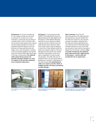 Oil Resistance. In this test, conducted per      UV Exposure. In this procedure-based           Water Immersion. In this test, the
UL 1277, lengths of cable were immersed          ASTM G 154 test (Standard Practices for        electrical properties of the cables (primarily
in containers of oil, which in turn were         Operating Fluorescent Light Apparatus for      attenuation) were measured initially. Then
immersed in a water bath that was placed in      UV Exposure of Non-Metallic Materials),        the cables were coiled into a dry container,
a chamber held at 125°C for 60 days. After       segments of various cables were affixed        and water was added to submerge them.
the test period, cable segments were removed     to panels that were mounted so that the        The cables were tested intermittently over
and their jackets evaluated for tensile and      cables directly faced a fluorescent light      a six-month period. The COTS cable showed
elongation properties. Exposure to oil and       source whose output range was adjusted         increased attenuation as soon as the cable
lubricants can make jacketing brittle and        to match that of solar radiation levels. The   was immersed in water and this continued to
fragile, even at room temperature, resulting     cables were exposed to light for 720 hours     degrade over the half-year immersion. After
in loss of mechanical properties and reduced     (30 days), then their jackets were visually    six months of immersion, the industrial-
service life. The blue COTS cable showed signs   checked for discoloration, as well as for      grade cable showed only a slight increase
of this type of deterioration. The industrial    signs of degradation in tensile strength       in attenuation — and the cable still
cable’s jacket did not, because the              and elongation. The COTS cable was not         exceeded the Cat 5e requirements.
materials and jacket thickness are rated         sunlight-resistant and their jackets showed
for exposure to oil and other substances,        discoloration, a precursor to degradation of
even at elevated temperatures.                   the jacket material. The industrial-grade
                                                 cables were rated to resist the effects of
                                                 sunlight and other UV sources and showed
                                                 no jacket damage.




The oil bath test, conducted as specified        The UV exposure test is based upon             The water bath test is a six-month long test,
in UL 1277.                                      ASTM procedures.                               with the cables fully submerged in water.




                                                                                                                                                 9
 