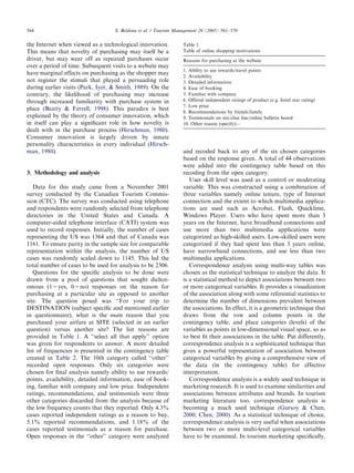 ARTICLE IN PRESS
564                                S. Beldona et al. / Tourism Management 26 (2005) 561–570


the Internet when viewed as a technological innovation.           Table 1
This means that novelty of purchasing may itself be a             Table of online shopping motivations
driver, but may wear off as repeated purchases occur              Reasons for purchasing at the website
over a period of time. Subsequent visits to a website may
                                                                  1. Ability to use rewards/travel points
have marginal effects on purchasing as the shopper may
                                                                  2. Availability
not register the stimuli that played a persuading role            3. Detailed information
during earlier visits (Park, Iyer, & Smith, 1989). On the         4. Ease of booking
contrary, the likelihood of purchasing may increase               5. Familiar with company
through increased familiarity with purchase system in             6. Offered independent ratings of product (e.g. hotel star rating)
                                                                  7. Low price
place (Beatty & Ferrell, 1998). This paradox is best
                                                                  8. Recommendations by friends/family
explained by the theory of consumer innovation, which             9. Testimonials on site/chat line/online bulletin board
in itself can play a signiﬁcant role in how novelty is            10. Other reason (specify)—
dealt with in the purchase process (Hirschman, 1980).
Consumer innovation is largely driven by innate
personality characteristics in every individual (Hirsch-
man, 1980).                                                       and recoded back to any of the six chosen categories
                                                                  based on the response given. A total of 44 observations
                                                                  were added into the contingency table based on this
3. Methodology and analysis                                       recoding from the open category.
                                                                     User skill level was used as a control or moderating
   Data for this study came from a November 2001                  variable. This was constructed using a combination of
survey conducted by the Canadian Tourism Commis-                  three variables namely online tenure, type of Internet
sion (CTC). The survey was conducted using telephone              connection and the extent to which multimedia applica-
and respondents were randomly selected from telephone             tions are used such as Acrobat, Flash, Quicklime,
directories in the United States and Canada. A                    Windows Player. Users who have spent more than 3
computer-aided telephone interface (CATI) system was              years on the Internet, have broadband connections and
used to record responses. Initially, the number of cases          use more than two multimedia applications were
representing the US was 1364 and that of Canada was               categorized as high-skilled users. Low-skilled users were
1161. To ensure parity in the sample size for comparable          categorized if they had spent less than 3 years online,
representation within the analysis, the number of US              have narrowband connections, and use less than two
cases was randomly scaled down to 1145. This led the              multimedia applications.
total number of cases to be used for analysis to be 2306.            Correspondence analysis using multi-way tables was
   Questions for the speciﬁc analysis to be done were             chosen as the statistical technique to analyze the data. It
drawn from a pool of questions that sought dichot-                is a statistical method to depict associations between two
omous (1=yes, 0=no) responses on the reason for                   or more categorical variables. It provides a visualization
purchasing at a particular site as opposed to another             of the association along with some referential statistics to
site. The question posed was ‘‘For your trip to                   determine the number of dimensions prevalent between
DESTINATION (subject speciﬁc and mentioned earlier                the associations. In effect, it is a geometric technique that
in questionnaire), what is the main reason that you               draws from the row and column points in the
purchased your airfare at SITE (selected in an earlier            contingency table, and place categories (levels) of the
question) versus another site? The list reasons are               variables as points in low-dimensional visual space, so as
provided in Table 1. A ‘‘select all that apply’’ option           to best ﬁt their associations in the table. Put differently,
was given for respondents to answer. A more detailed              correspondence analysis is a sophisticated technique that
list of frequencies is presented in the contingency table         gives a powerful representation of association between
created in Table 2. The 10th category called ‘‘other’’            categorical variables by giving a comprehensive view of
recorded open responses. Only six categories were                 the data (in the contingency table) for effective
chosen for ﬁnal analysis namely ability to use rewards/           interpretation.
points, availability, detailed information, ease of book-            Correspondence analysis is a widely used technique in
ing, familiar with company and low price. Independent             marketing research. It is used to examine similarities and
ratings, recommendations, and testimonials were three             associations between attributes and brands. In tourism
other categories discarded from the analysis because of           marketing literature too, correspondence analysis is
the low frequency counts that they reported. Only 4.3%            becoming a much used technique (Gursoy & Chen,
cases reported independent ratings as a reason to buy,            2000; Chen, 2000). As a statistical technique of choice,
5.1% reported recommendations, and 1.18% of the                   correspondence analysis is very useful when associations
cases reported testimonials as a reason for purchase.             between two or more multi-level categorical variables
Open responses in the ‘‘other’’ category were analyzed            have to be examined. In tourism marketing speciﬁcally,
 