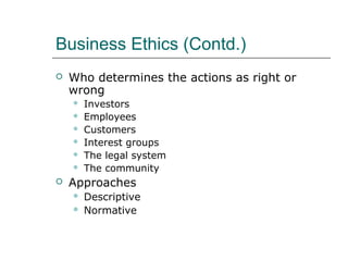 Business Ethics (Contd.)
 Who determines the actions as right or
wrong
 Investors
 Employees
 Customers
 Interest groups
 The legal system
 The community
 Approaches
 Descriptive
 Normative
 