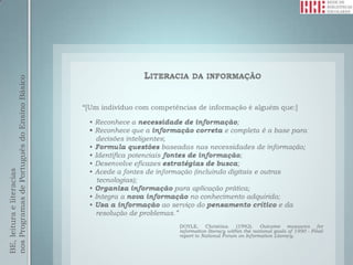 BE, leitura e literacias
nos Programas de Português do Ensino Básico
 