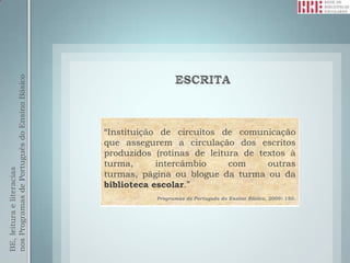 nos Programas de Português do Ensino Básico




                                              “Instituição de circuitos de comunicação
                                              que assegurem a circulação dos escritos
                                              produzidos (rotinas de leitura de textos à
                                              turma,      intercâmbio     com     outras
BE, leitura e literacias




                                              turmas, página ou blogue da turma ou da
                                              biblioteca escolar.”
                                                         Programas de Português do Ensino Básico, 2009: 150.
 