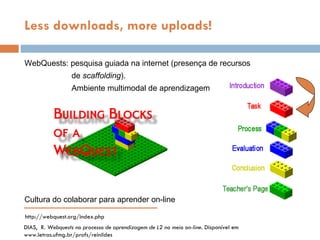 Less downloads, more uploads! WebQuests:  pesquisa guiada na internet (presença de recursos  de  scaffolding ). Ambiente multimodal de aprendizagem Cultura do colaborar para aprender on-line http://webquest.org/index.php DIAS,  R.  Webquests no processo de aprendizagem de L2 no meio on-line.  Dispon ível em www.letras.ufmg.br/profs/reinildes 
