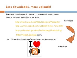 http://iteslj.org/links/ESL/Listening/Podcasts/ http://www.eslpod.com/website/index_new.html http: //abcnews .go. com/Technology/Podcasting/  http://top25. podcast .com / http://www.digitaltrends.com/how-to/how-to-make-a-podcast/ Less downloads, more uploads! Podcasts : arquivos de  áudio que podem ser utilizados para o  desenvolvimento das habilidades orais. Recepç ão Produç ão 