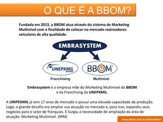 ESCRITÓRIO
VIRTUAL
O QUE É A BBOM?
Embrasystem é a empresa mãe do Marketing Multinível da BBOM
e da Franchising da UNEPXMIL.
A UNIPEXMIL já tem 17 anos de mercado e possui uma elevada capacidade de produção.
Logo, o grande desafio era ampliar sua atuação no mercado e, para isso, expandiu seus
negócios para o setor de franquias. E Surgiu a necessidade de ampliação da área de
atuação: Marketing Multinível. (MM)
Fundada em 2013, a BBOM atua através do sistema de Marketing
Multinível com a finalidade de colocar no mercado rastreadores
veiculares de alta qualidade.
www.bbom.com.br/belembbom
 
