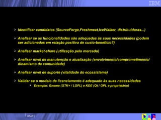 Identificar candidatos (SourceForge,Freshmeat,IceWalker, distribuidoras...) Analisar se as funcionalidades são adequadas às suas necessidades (podem ser adicionadas em relação positiva de custo-benefício?) Analisar market-share (utilização pelo mercado) Analisar nível de manutenção e atualização (envolvimento/comprometimento/dinamismo da comunidade) Analisar nível de suporte (vitalidade do ecossistema) Validar se o modelo de licenciamento é adequado às suas necessidades Exemplo: Gnome (GTK+ / LGPL) e KDE (Qt / GPL e proprietário) Um modelo para seleção de SL 