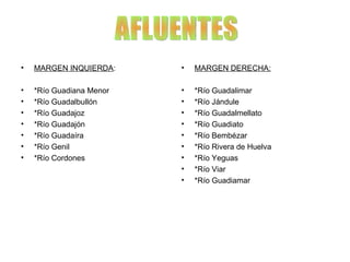 •   MARGEN INQUIERDA:     •   MARGEN DERECHA:

•   *Río Guadiana Menor   •   *Río Guadalimar
•   *Río Guadalbullón     •   *Río Jándule
•   *Río Guadajoz         •   *Río Guadalmellato
•   *Río Guadajón         •   *Río Guadiato
•   *Río Guadaíra         •   *Río Bembézar
•   *Río Genil            •   *Río Rivera de Huelva
•   *Río Cordones         •   *Río Yeguas
                          •   *Río Viar
                          •   *Río Guadiamar
 