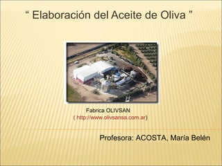 “ Elaboración del Aceite de Oliva ”
Profesora: ACOSTA, María Belén
Fabrica OLIVSAN
( http://www.olivsansa.com.ar)
 