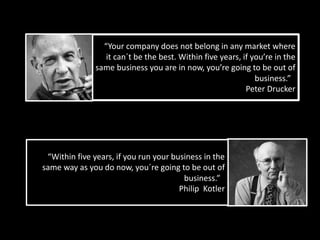 “Your company does not belong in any market where
it can´t be the best. Within five years, if you’re in the
same business you are in now, you’re going to be out of
business.”
Peter Drucker
“Within five years, if you run your business in the
same way as you do now, you´re going to be out of
business.”
Philip Kotler
 