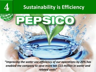 Sustainability is Efficiency4
“Improving the water use efficiency of our operations by 20% has
enabled the company to save more tan $15 million in water and
related costs”
 