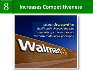 Increases Competitiveness8
Walmart Scorecard has
significantly changed the way
companies operate and source
their raw materials & packaging
 