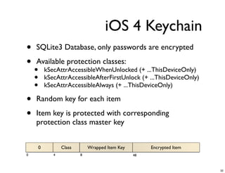 iOS 4 Keychain
•   SQLite3 Database, only passwords are encrypted

•   Available protection classes:
    •       kSecAttrAccessibleWhenUnlocked (+ ...ThisDeviceOnly)
    •       kSecAttrAccessibleAfterFirstUnlock (+ ...ThisDeviceOnly)
    •       kSecAttrAccessibleAlways (+ ...ThisDeviceOnly)

•   Random key for each item

•   Item key is protected with corresponding
    protection class master key


        0          Class       Wrapped Item Key        Encrypted Item
0              4           8                      48



                                                                        32
 