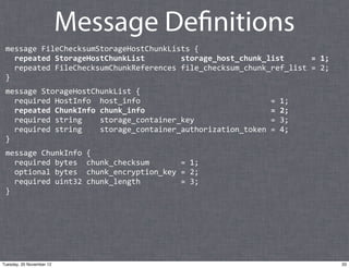 Message Definitions
 message	
  FileChecksumStorageHostChunkLists	
  {
 	
  	
  repeated	
  StorageHostChunkList	
  	
  	
...