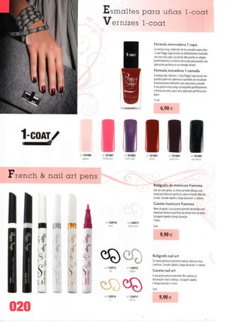 Esmaltes para unas 1-coat
                                       Vernizes 1-coat

                                                                                Fórmula innovadora 1 capa
                                                                                La textura muy cubriente de los esmaltes para unas
                                                                                I coat Peggy Sage brinda un brillantisimo resultado
                                                                                con una sola capa. Su pincel ultra ancho se adapta
                                                                                perfectamente a Ia forma de Ia una procurando una
                                                                                aplicación perfecta en un tiempo récord.
                                                                                Fórmula inovadora 1 camada
                                                                                A textura dos vernizes 1 coat Peggy Sage possui um
                                                                                grande poder de cobertura e permite um resultado
                                                                                extremamente brilhante com uma única camada.
                                                                                O seu pincel extra-largo acompanha perfeitamente
                                                                                a forma da unha, para uma aplicação perfeita num
                                                                                ápice.
                                                                                II ml

                                                                                        6,90 €




    1-COAT



French & nail art pens
                         ref 101000
                             opaline
                                       e! 101001
                                       framboisine
                                                        mi
                                                        rei 101002
                                                         violet sugar
                                                                           re<101003
                                                                             griorte
                                                                                               ref 101004
                                                                                                tulipenoire
                                                                                                                    ref 101005
                                                                                                                     greydeluxe




                                                                                 Bolígrafo de manicura francesa
                                                                                 Con un solo gesto, su mina permite dibujar una
                                                                                 manicura francesa perfecta sobre el borde libre de
                                                                                 Ia una. Secado rápido y larga duración. 2 colores.
                                                                                 Caneta manicure francesa
                                                                                 Num só gesto, a sua ponta permite desenhar uma
                                                                                 manicure francesa perfeita da borda livre da unha.
                                                                                 Secagem rápida e longa duração.
                                                                                 2 tons.

             im m                         ref 120910
                                              blanc
                                                            ref 120911
                                                             blanc perle         5 ml

                                                                                        9,90 €

                   L/"
             20    QC
              «l    '
                                                                                Bolígrafo nail art
                                                                                Su mina precisa lê permite realizar adornos muy
                                                                                creativos. Secado rápido y larga duración. 4 colores.
                                          ref 12091 2       ref 12091 3
                                               noir             argent          Caneta nail art
                                                                                A sua ponta precisa permite-lhe realizaras
                                                                                decorações mais criativas. Secagem rápida
       Us                                                                       e longa duração. 4 cores.
                                                                                3 ml

                                          ref 120914
                                               DÍ
                                                            ref 120915
                                                               fuchsia
                                                                                        9,90 €

020
 