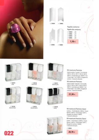 ref 120020        ref 120083


                                                                    Papeies contorno

                                                                    Papéis de contorno
                                                                    ref 120020     x 40
                                                                    ref 120083     x 20
                                                                    i'120084       x 40
                                                                    ré; 120085     x 40


                                                                          1,10€
                                       120084          ref 120085




Í                                                                   Kit manicura francesa
                                                                    Cada kit contiene 1 esmalte 11 ml a elección
                                                                    (100135,100136,100137,100138,100139,
                                                                    100073) 1 esmalte blanc pur (100034) 11 ml,
                                                                    1 Protectlight 11 ml (120035), 20 papeies de
                                                                    contorno, 1 manual de utilización.

                                                                    Kit manicure francesa
  ref 120135      ref 120136               ref 120137               Cada kit contém 1 verniz de 11 ml à escolha
      neige       eau de rose             diamantpink
                                                                    (100135,100136,100137,100138,100139,
                                                                    100073) 1 verniz blanc pur (100034) 11 ml,
                                                                    1 Protectlight 11 ml (120035), 20 papéis de




1m                                   11
                                                                    contorno, 1 manual de instruções.


                                                                        21,50 €




                                 <
   ref 120138     ref 120139                ref 120140
 diamant blanc   diamant pêche                trendy
                                                                    Kit manicura francesa classic
                                                                    Contiene: 1 French blanche (120018), 1 French
                                                                    flamme (120019), 1 French beige (120017),
                                                                    40 papeies de contorno (120020),
                                                                    1 manual de utilización.

                                                                    Kit manicure francesa classic
                                                                    Contém: 1 French branca (120018), 1 French
                                                                    flamme (120019), 1 French beige (120017),
                                                                    40 papéis de contorno (120020),
                                                                    1 manual de instruções.
                                                                    c 120043


                                                                        20,70 €
022
 