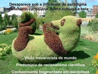 Desaparece sob a influência do paradigmaDesaparece sob a influência do paradigma
newtoniano-cartesiano. A fera subjuga a bela:newtoniano-cartesiano. A fera subjuga a bela:
Visão mecanicista de mundo
Predomínio de racionalismo científico
Conhecimento fragmentado em disciplinas
 