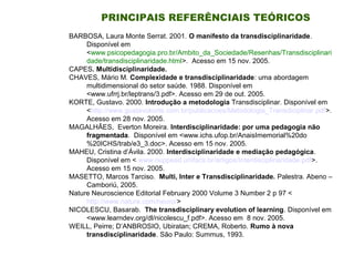 BARBOSA, Laura Monte Serrat. 2001. O manifesto da transdisciplinaridade.
Disponível em
<www.psicopedagogia.pro.br/Ambito_da_Sociedade/Resenhas/Transdisciplinari
dade/transdisciplinaridade.html>. Acesso em 15 nov. 2005.
CAPES. Multidisciplinaridade.
CHAVES, Mário M. Complexidade e transdisciplinaridade: uma abordagem
multidimensional do setor saúde. 1988. Disponível em
<www.ufrrj.br/leptrans/3.pdf>. Acesso em 29 de out. 2005.
KORTE, Gustavo. 2000. Introdução a metodologia Transdisciplinar. Disponível em
<http://www.gustavokorte.com.br/publicacoes/Metodologia_Transdiciplinar.pdf>.
Acesso em 28 nov. 2005.
MAGALHÃES, Everton Moreira. Interdisciplinaridade: por uma pedagogia não
fragmentada. Disponível em <www.ichs.ufop.br/AnaisImemorial%20do
%20ICHS/trab/e3_3.doc>. Acesso em 15 nov. 2005.
MAHEU, Cristina d’Ávila. 2000. Interdisciplinaridade e mediação pedagógica.
Disponível em < www.nuppead.unifacs.br/artigos/Interdisciplinaridade.pdf>.
Acesso em 15 nov. 2005.
MASETTO, Marcos Tarciso. Multi, Inter e Transdisciplinaridade. Palestra. Abeno –
Camboriú, 2005.
Nature Neuroscience Editorial February 2000 Volume 3 Number 2 p 97 <
http://www.nature.com/neuro/>
NICOLESCU, Basarab. The transdisciplinary evolution of learning. Disponível em
<www.learndev.org/dl/nicolescu_f.pdf>. Acesso em 8 nov. 2005.
WEILL, Peirre; D’ANBROSIO, Ubiratan; CREMA, Roberto. Rumo à nova
transdisciplinaridade. São Paulo: Summus, 1993.
PRINCIPAIS REFERÊNCIAIS TEÓRICOS
 