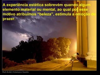 A experiência estética sobrevém quando algum
elemento material ou mental, ao qual por esse
motivo atribuímos “beleza”, estimula a emoção de
prazer.
 