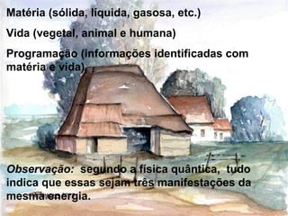 Matéria (sólida, líquida, gasosa, etc.)
Vida (vegetal, animal e humana)
Programação (informações identificadas com
matéria e vida)
Observação: segundo a física quântica, tudo
indica que essas sejam três manifestações da
mesma energia.
 