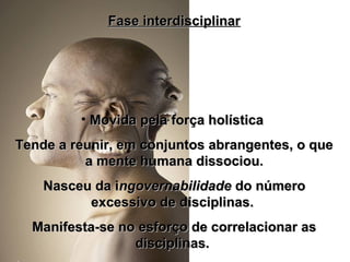 Fase interdisciplinarFase interdisciplinar
• Movida pela força holísticaMovida pela força holística
Tende a reunir, em conjuntos abrangentes, o queTende a reunir, em conjuntos abrangentes, o que
a mente humana dissociou.a mente humana dissociou.
Nasceu da iNasceu da ingovernabilidadengovernabilidade do númerodo número
excessivo de disciplinas.excessivo de disciplinas.
Manifesta-se no esforço de correlacionar asManifesta-se no esforço de correlacionar as
disciplinas.disciplinas.
 