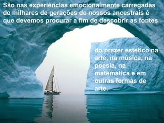São nas experiências emocionalmente carregadas
de milhares de gerações de nossos ancestrais é
que devemos procurar a fim de descobrir as fontes
do prazer estético na
arte, na música, na
poesia, na
matemática e em
outras formas de
arte.
 