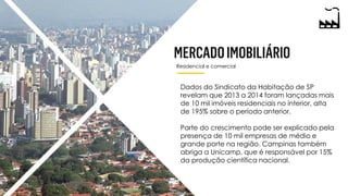 Residencial e comercial
Dados do Sindicato da Habitação de SP
revelam que 2013 a 2014 foram lançadas mais
de 10 mil imóveis residenciais no interior, alta
de 195% sobre o período anterior.
Parte do crescimento pode ser explicado pela
presença de 10 mil empresas de médio e
grande porte na região. Campinas também
abriga a Unicamp, que é responsável por 15%
da produção científica nacional.
 