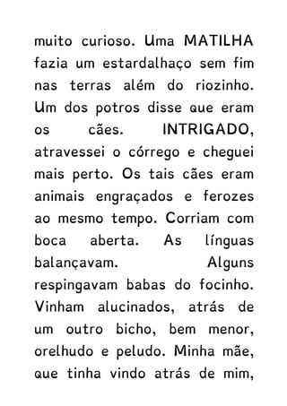 muito curioso. Uma MATILHA
fazia um estardalhaço sem fim
nas terras além do riozinho.
Um dos potros disse que eram
os cães. INTRIGADO,
atravessei o córrego e cheguei
mais perto. Os tais cães eram
animais engraçados e ferozes
ao mesmo tempo. Corriam com
boca aberta. As línguas
balançavam. Alguns
respingavam babas do focinho.
Vinham alucinados, atrás de
um outro bicho, bem menor,
orelhudo e peludo. Minha mãe,
que tinha vindo atrás de mim,
 