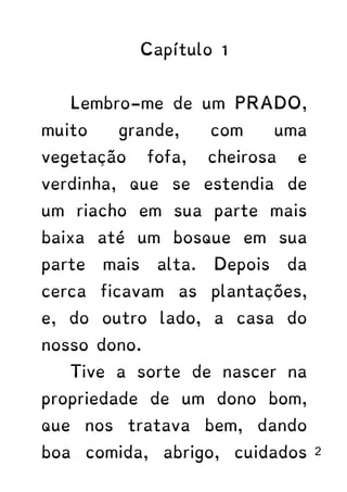 Capítulo 1
Lembro-me de um PRADO,
muito grande, com uma
vegetação fofa, cheirosa e
verdinha, que se estendia de
um riacho em sua parte mais
baixa até um bosque em sua
parte mais alta. Depois da
cerca ficavam as plantações,
e, do outro lado, a casa do
nosso dono.
Tive a sorte de nascer na
propriedade de um dono bom,
que nos tratava bem, dando
boa comida, abrigo, cuidados 2
 