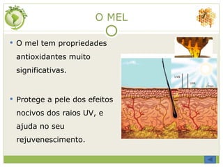 O MEL O mel tem propriedades antioxidantes muito significativas. Protege a pele dos efeitos nocivos dos raios UV, e ajuda no seu rejuvenescimento. 