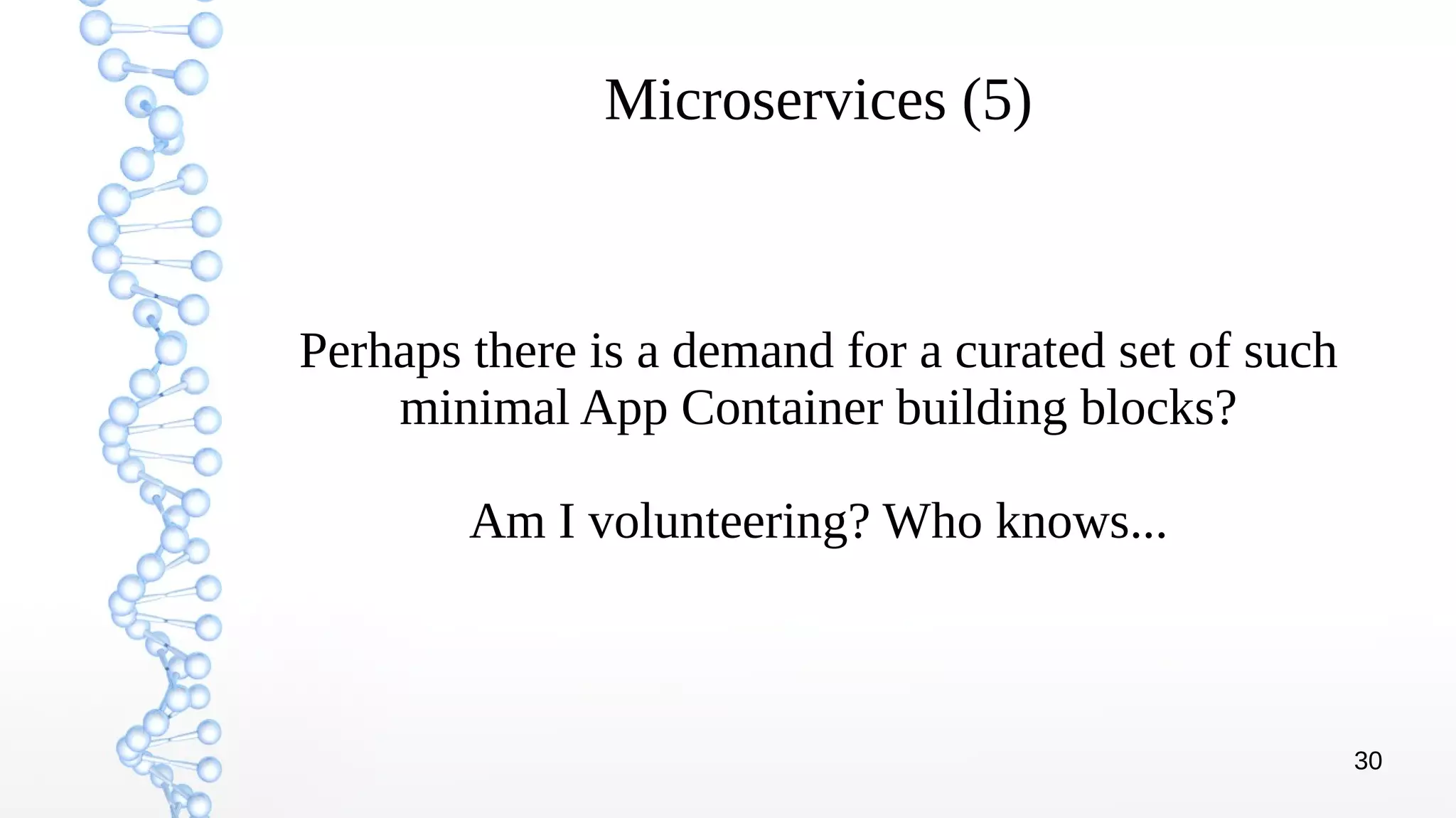 30
Microservices (5)
Perhaps there is a demand for a curated set of such
minimal App Container building blocks?
Am I volunteering? Who knows...
 