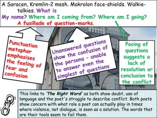 Unanswered questions
show the confusion of
the persona – unable
to answer even the
simplest of questions
Punctuationmetaphor
emphasisesthe feeling offear and
confusion
A Saracen, Kremlin-2 mesh. Makrolon face-shields. Walkie-
talkies. What is
My name? Where am I coming from? Where am I going?
A fusillade of question-marks.
This links to ‘The Right Word’ as both show doubt, use of
language and the poet's struggle to describe conflict. Both poets
show concern with what role a poet can actually play in times
where violence, not dialogue, is seen as a solution. The words that
are their tools seem to fail them.
Posing of
questions
suggests a
lack of
resolution or
conclusion to
the conflict
 