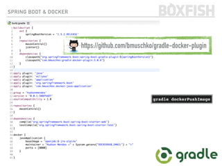 SPRING BOOT & DOCKER
https://github.com/bmuschko/gradle-docker-plugin
gradle dockerPushImage
 