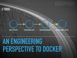 AN ENGINEERING
PERSPECTIVE TO DOCKER
// TODO:
WHAT IS DOCKER? BUILD DOCKER IMAGE RUN DOCKER CONTAINER MAKING IT WORK FOR YOU
 