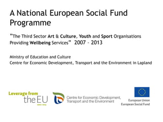 A National European Social Fund
Programme
”The Third Sector Art & Culture, Youth and Sport Organisations
Providing Wellbei...