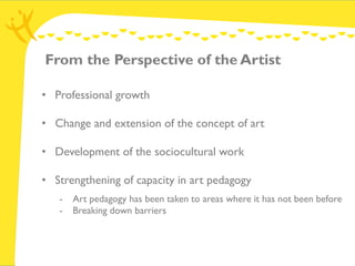 From the Perspective of the Artist

• Professional growth

• Change and extension of the concept of art

• Development of ...