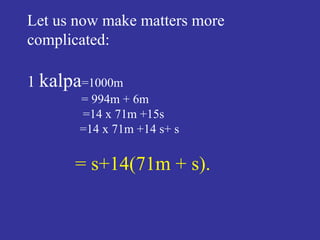 Let us now make matters more
complicated:
1 kalpa=1000m
= 994m + 6m
=14 x 71m +15s
=14 x 71m +14 s+ s
= s+14(71m + s).
 